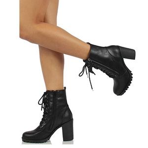 Round Toe Stacked Lug Heel Lace Up Ankle Booties